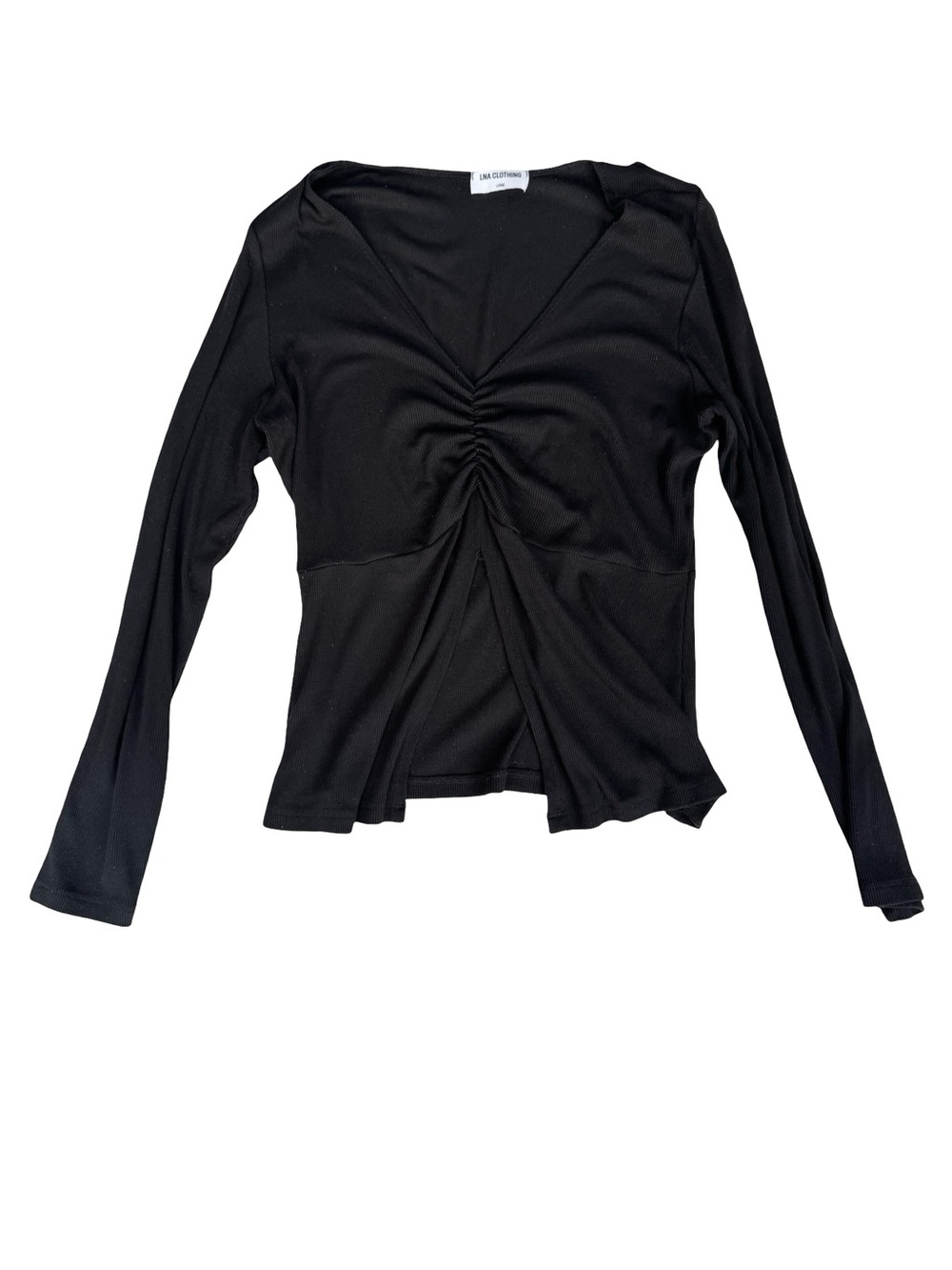LNA Black Long-Sleeve V-Neck Ruched Front Top Size Large